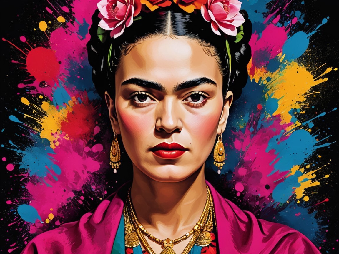 Vibrant Illustration of Frida Kahlo with Colorful Background