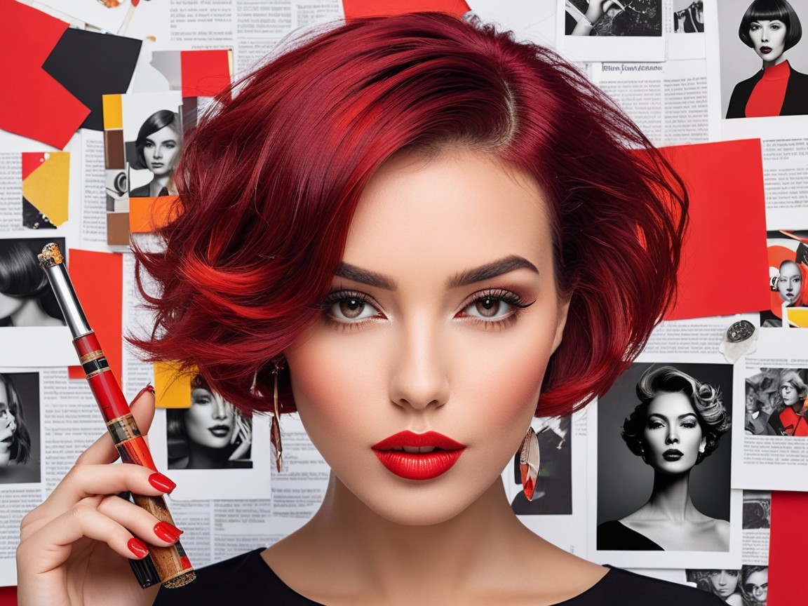 Model with Crimson Hair and Bold Makeup Features