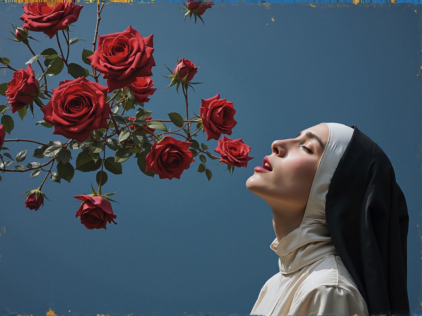 Nun in Habit Surrounded by Red Roses on Blue Background