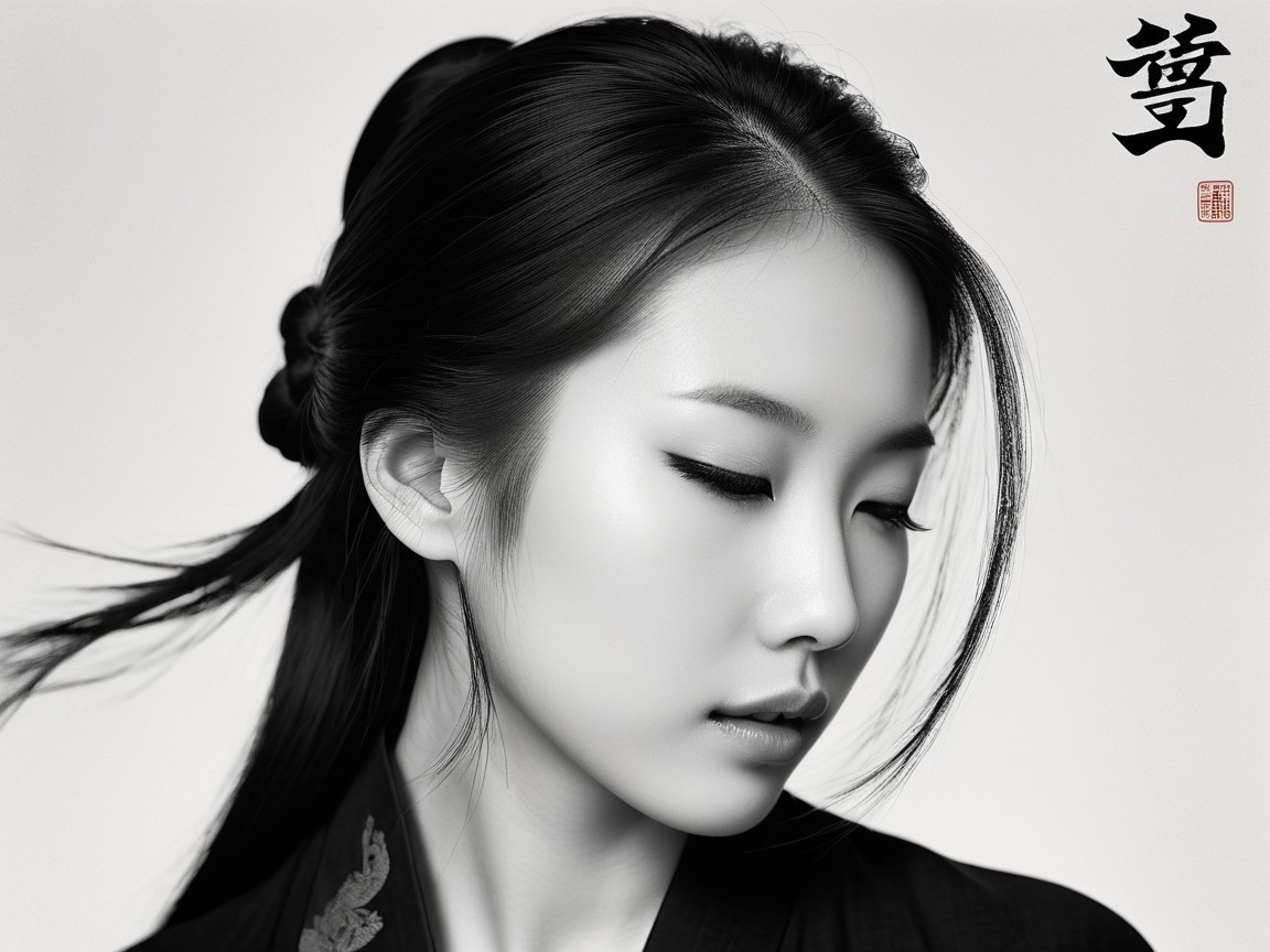 Black and White Portrait of a Woman with Bun Hairstyle