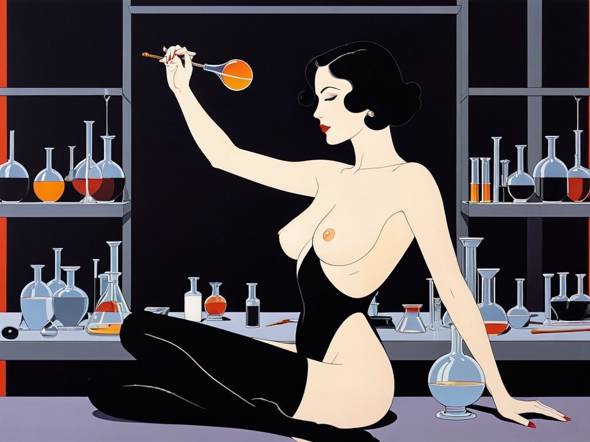 Vintage Illustration of Woman in Lab with Glassware