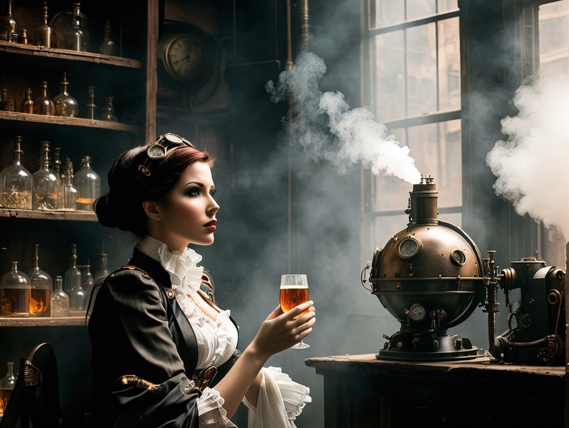 Steampunk Laboratory with Elegant Woman and Amber Liquid