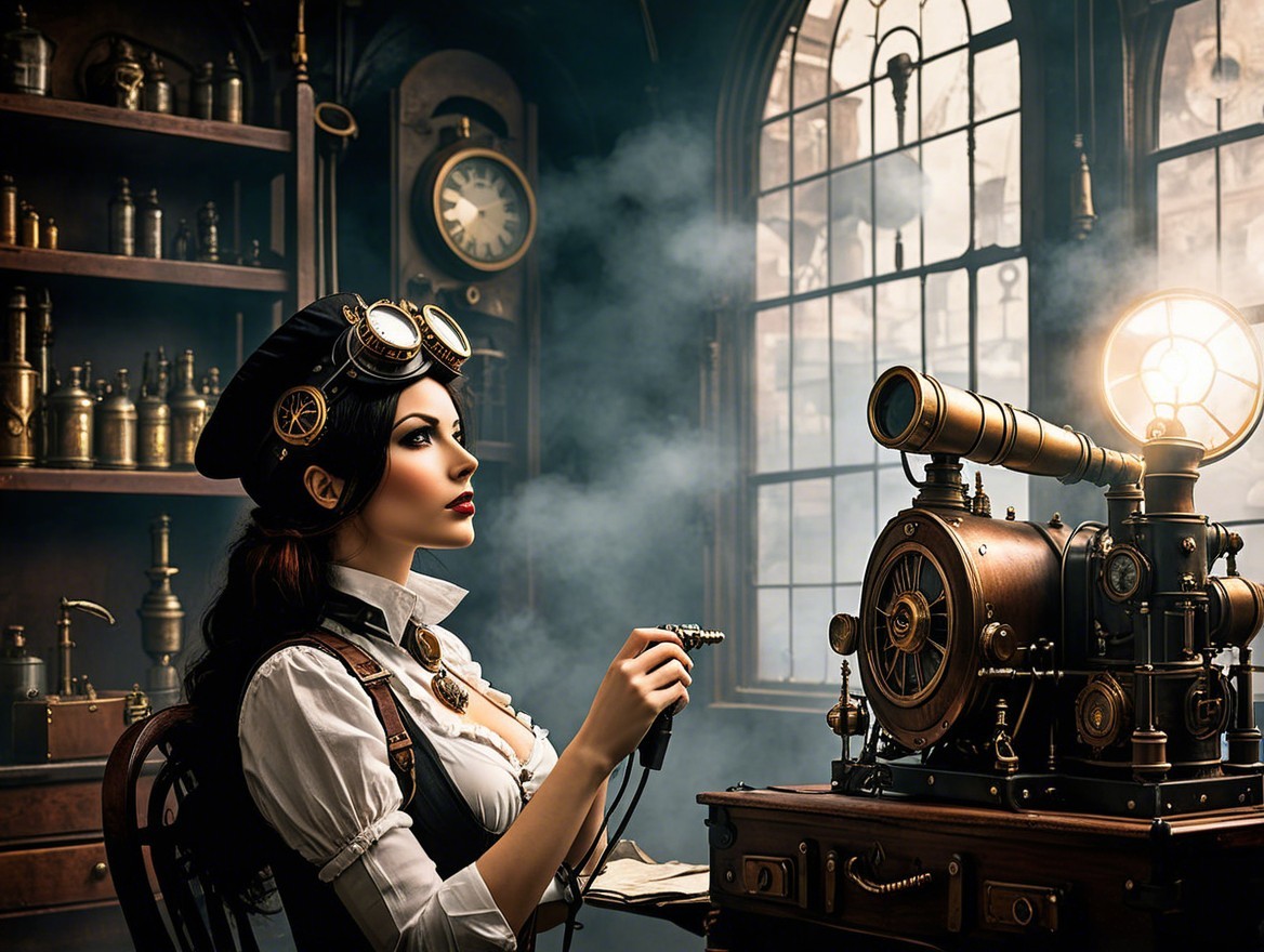 Steampunk Workshop with Woman and Intricate Machinery