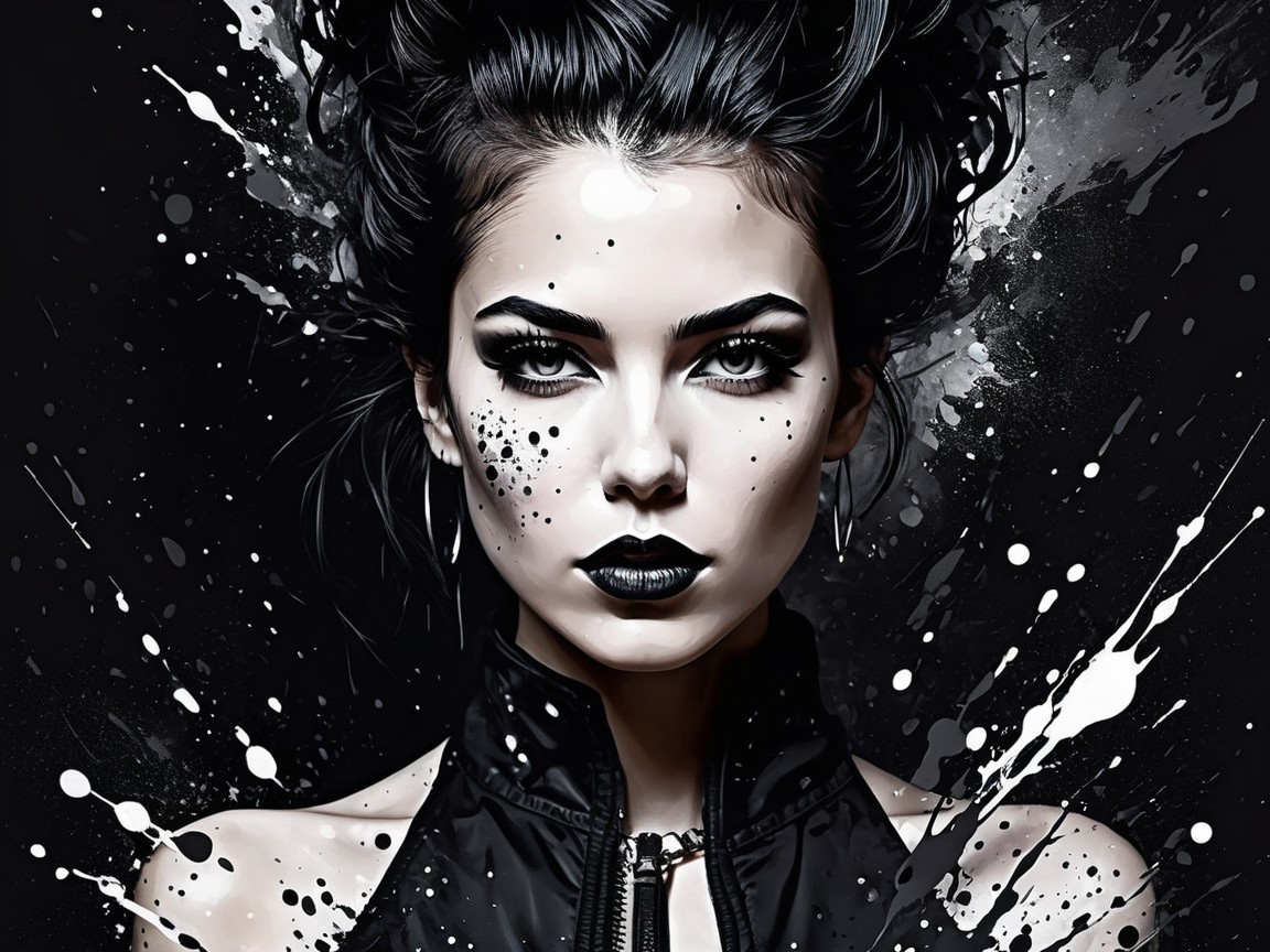 Grayscale Illustration of Woman with Paint Splatters