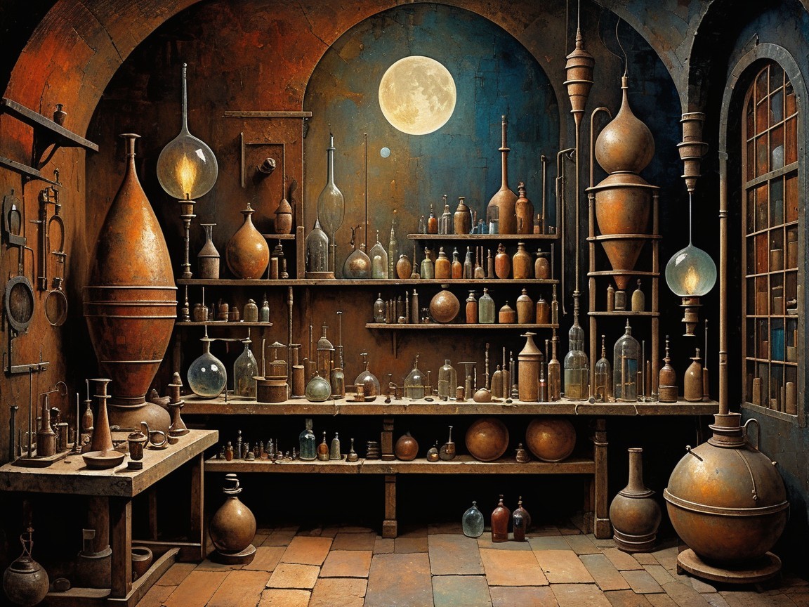 Medieval Alchemist's Laboratory with Copper Vessels