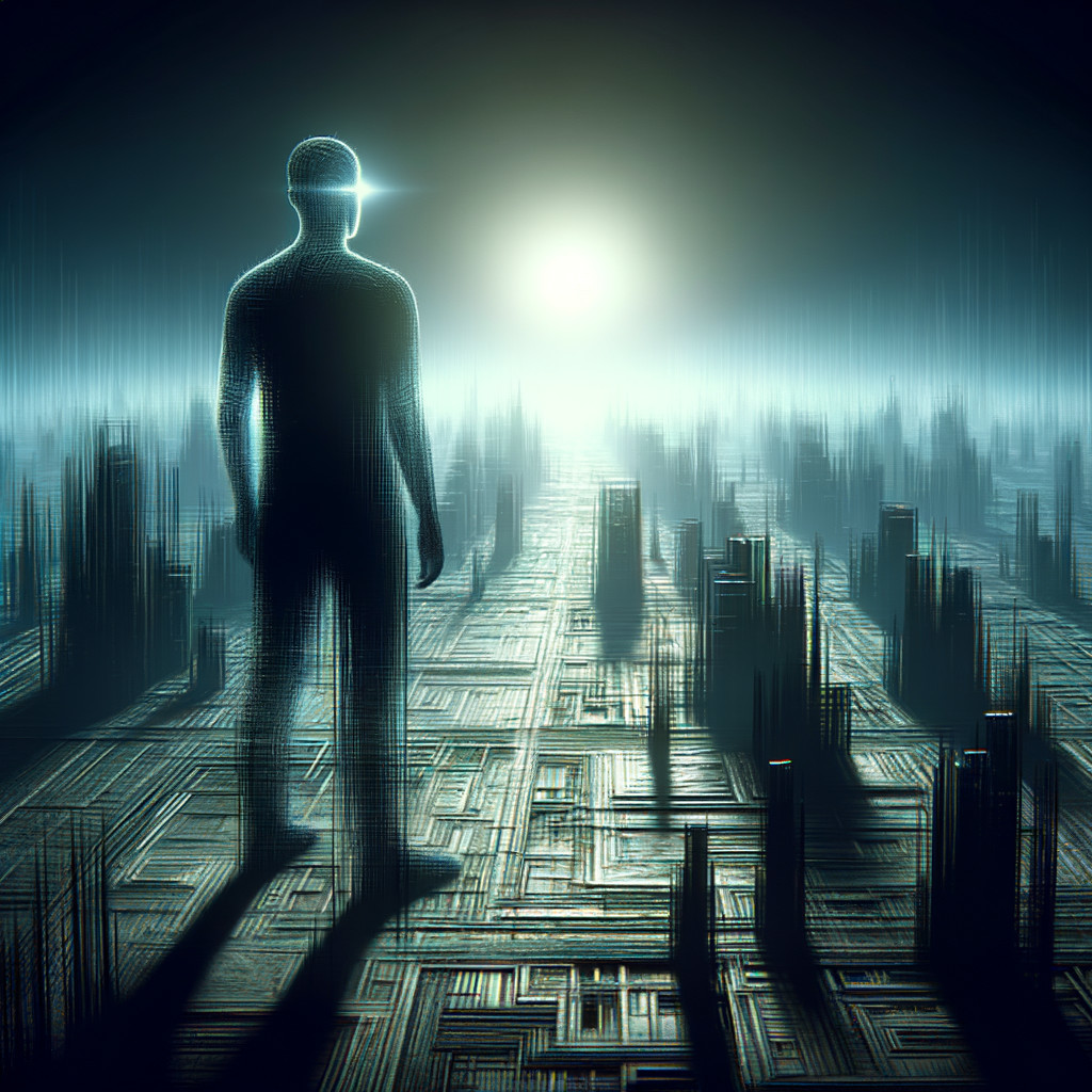 Luminous Figure in Digital Cityscape with Grid Floor