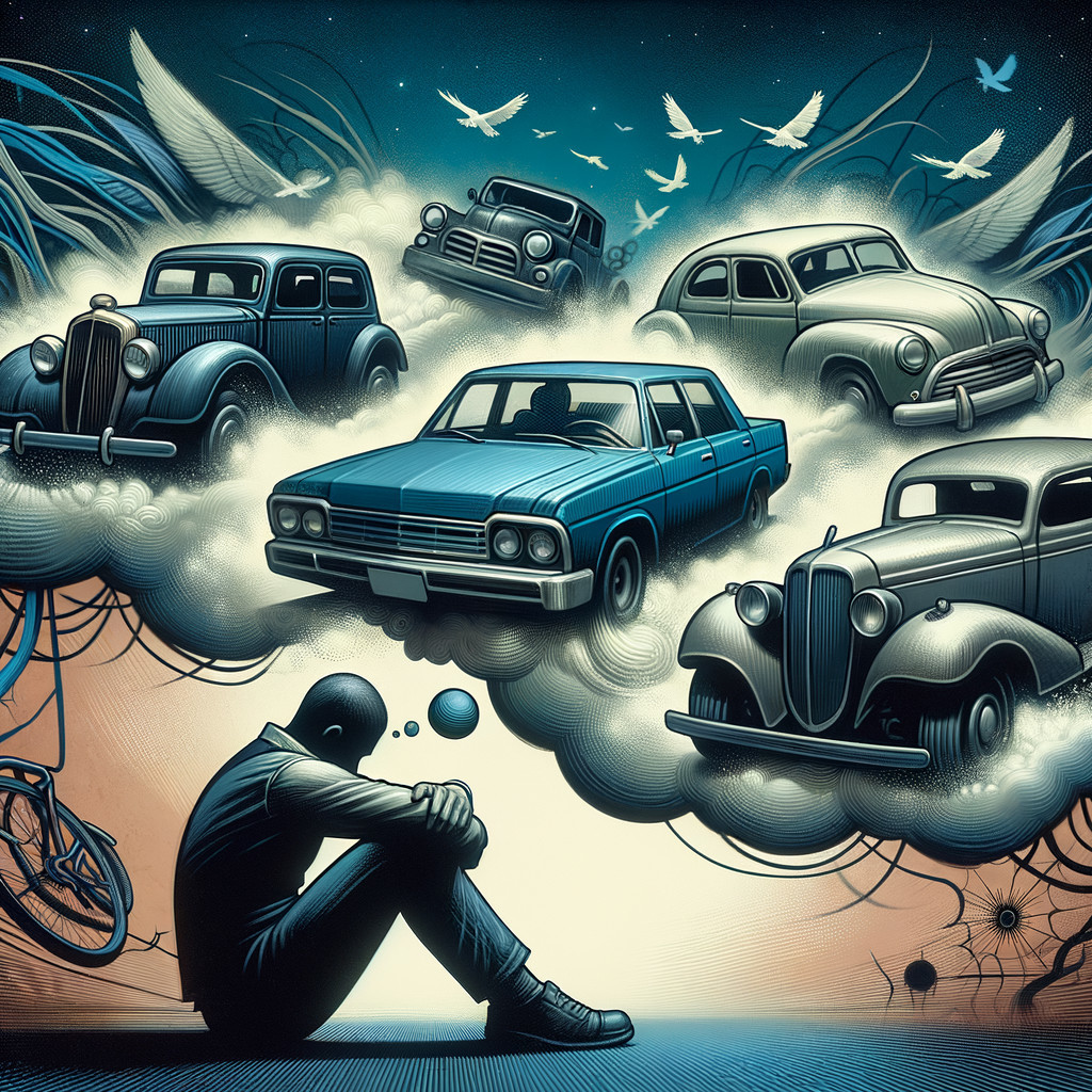 Surreal Scene with Silhouetted Figure and Vintage Cars