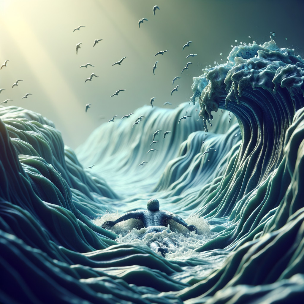 Lone Swimmer Battling Waves Under Dramatic Sky