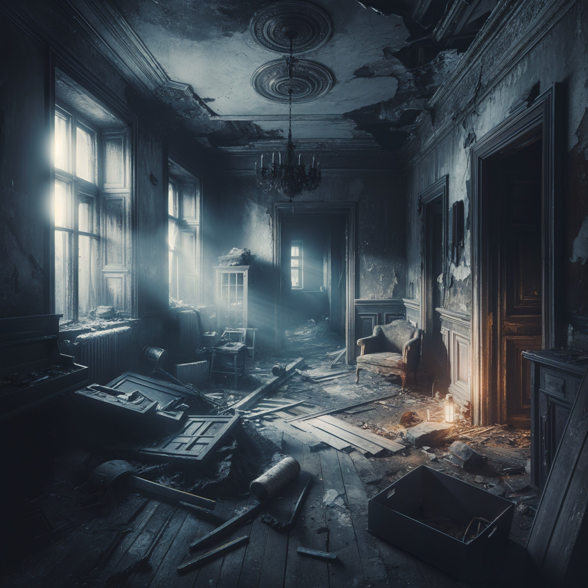 Dilapidated Room with Dust and Scattered Furniture