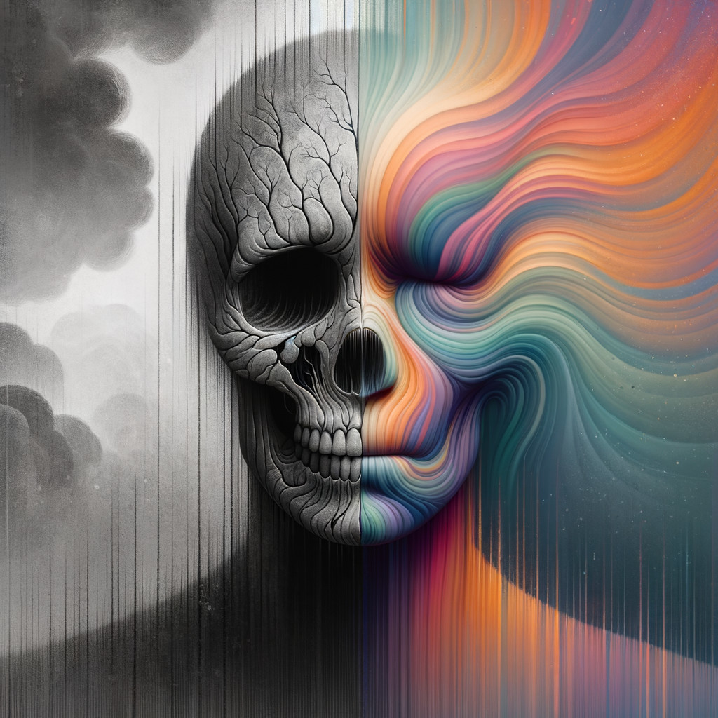 Abstract Artwork of a Split Human Head in Color and Grayscale