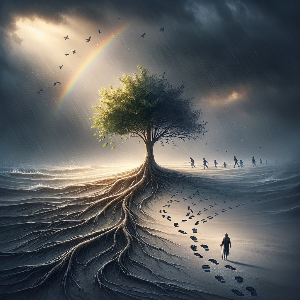 Surreal Landscape with Tree and Stormy Skies