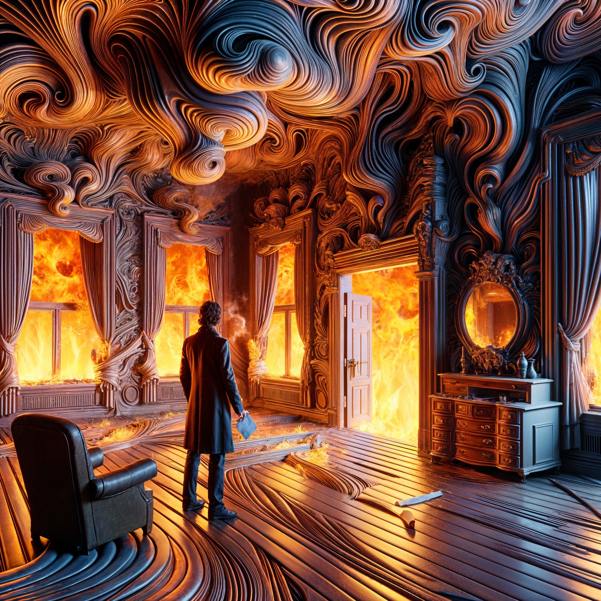 Surreal Room with Fiery Patterns and Elegant Furnishings