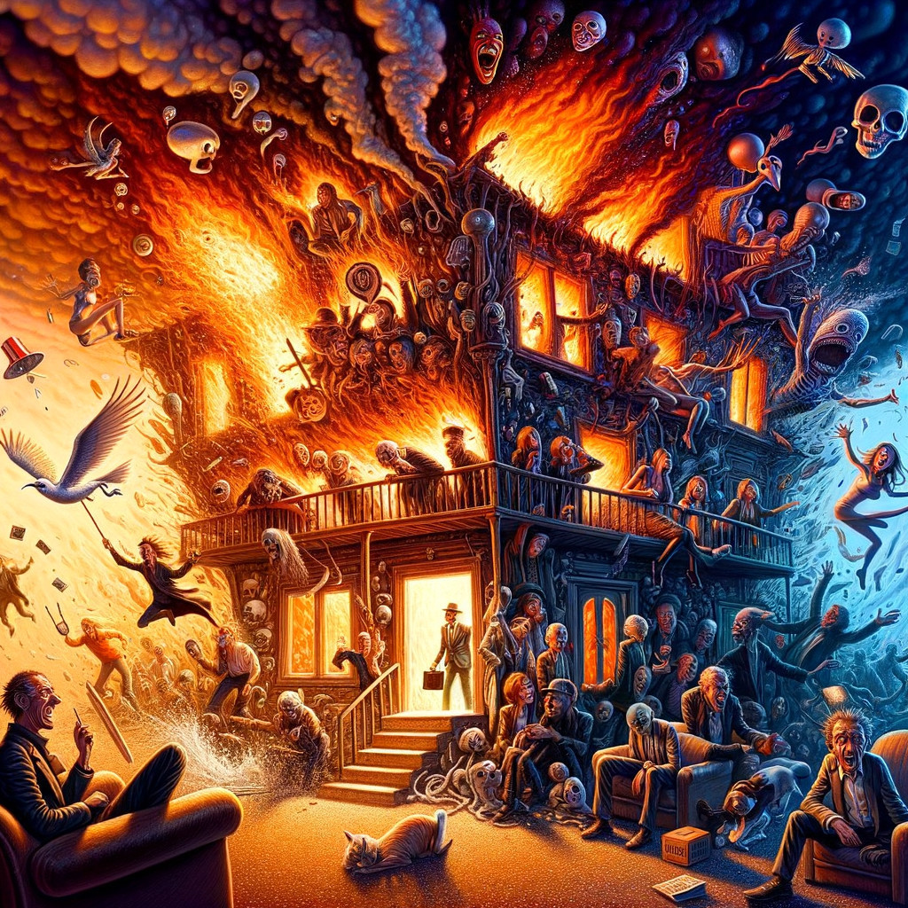 Burning House Scene with Chaotic Figures and Smoke