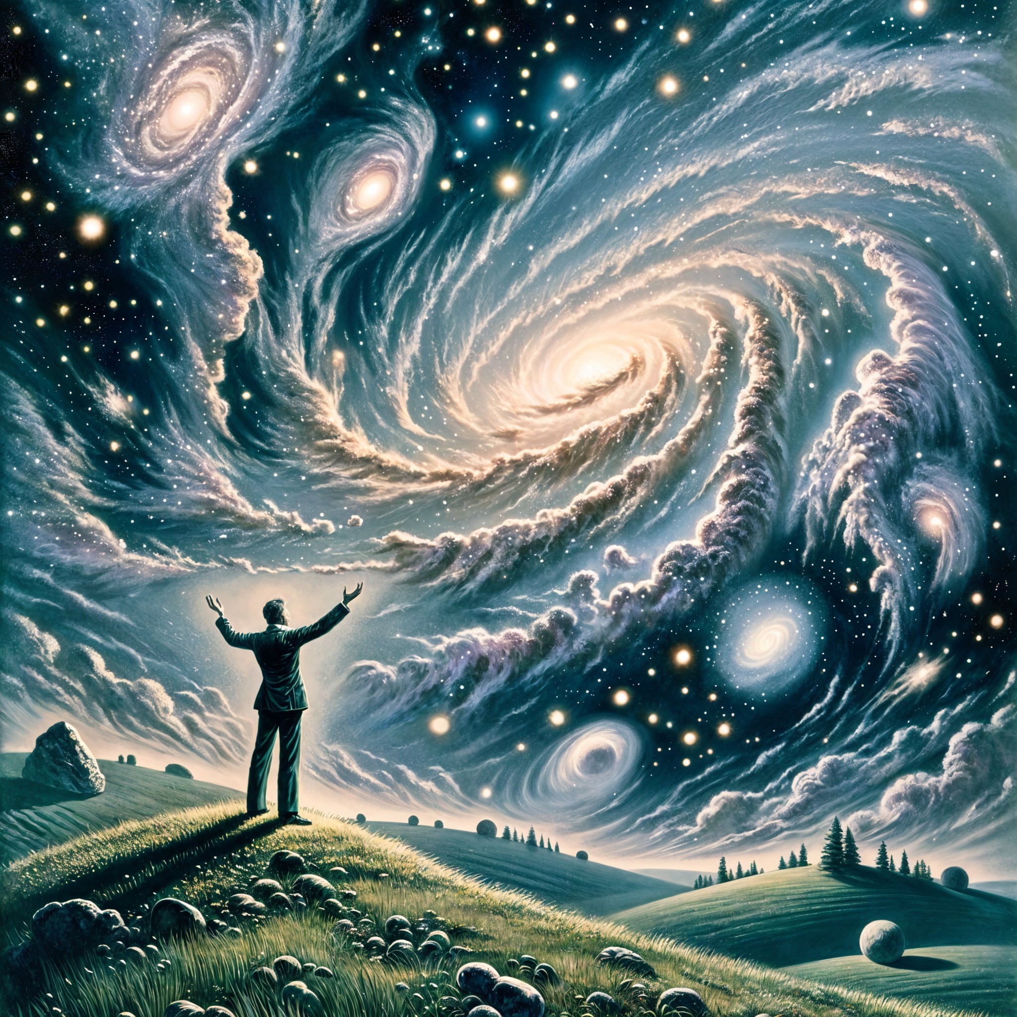 Figure on Hill Under Cosmic Sky with Galaxies and Stars