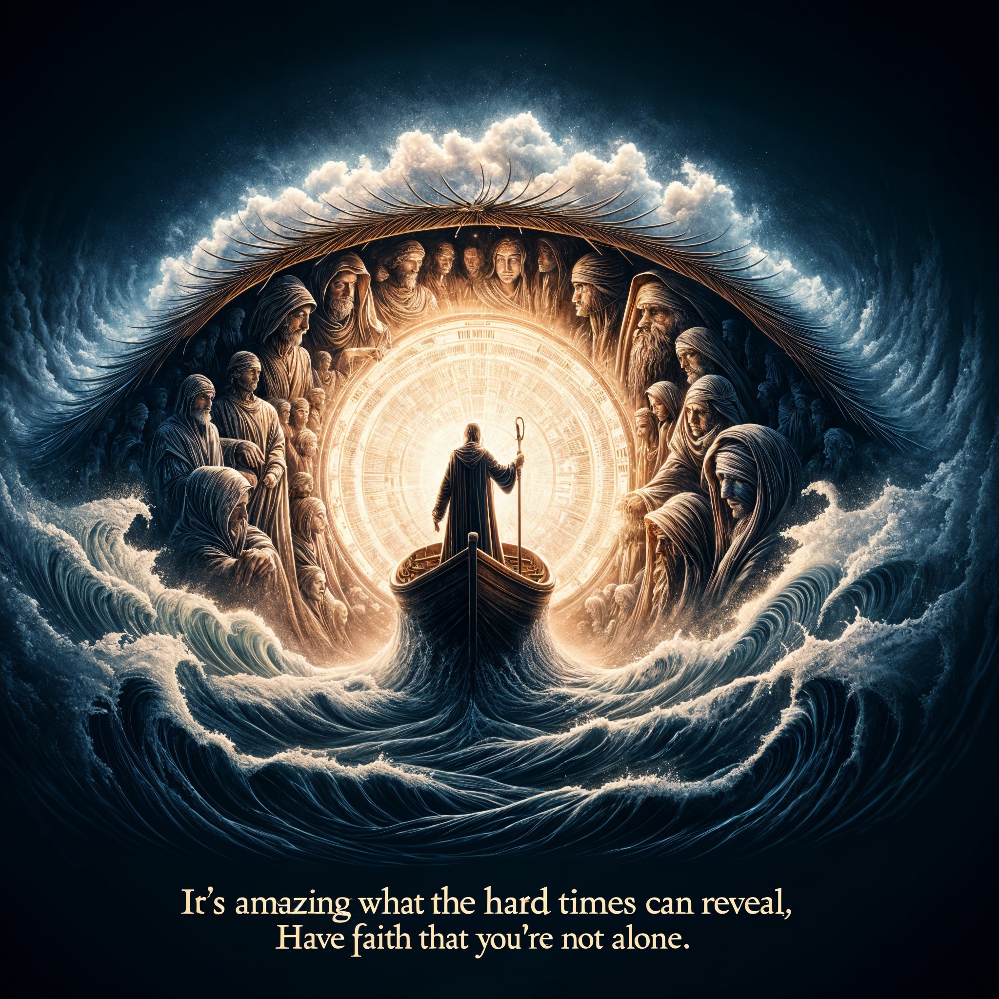 Serene figure in boat amidst tumultuous waves and light