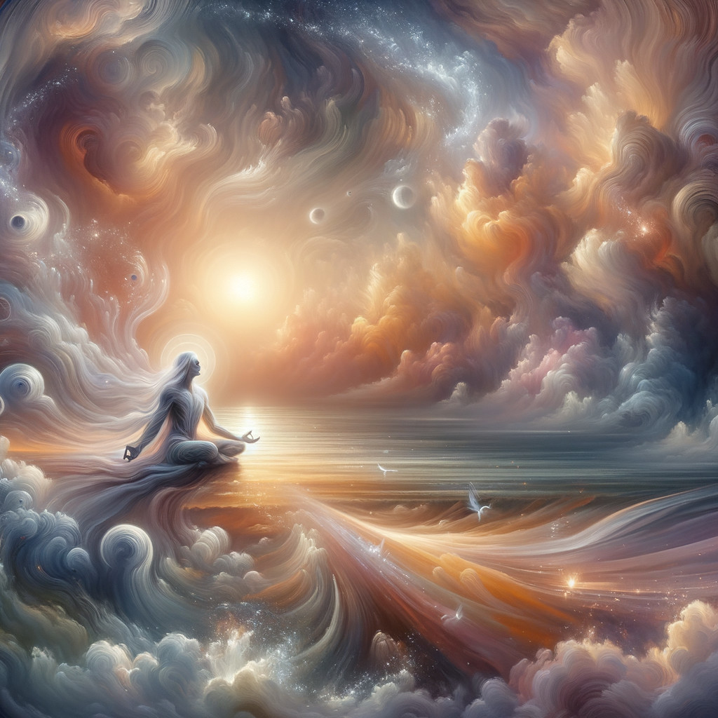 Meditative Figure Above Swirling Cosmic Clouds