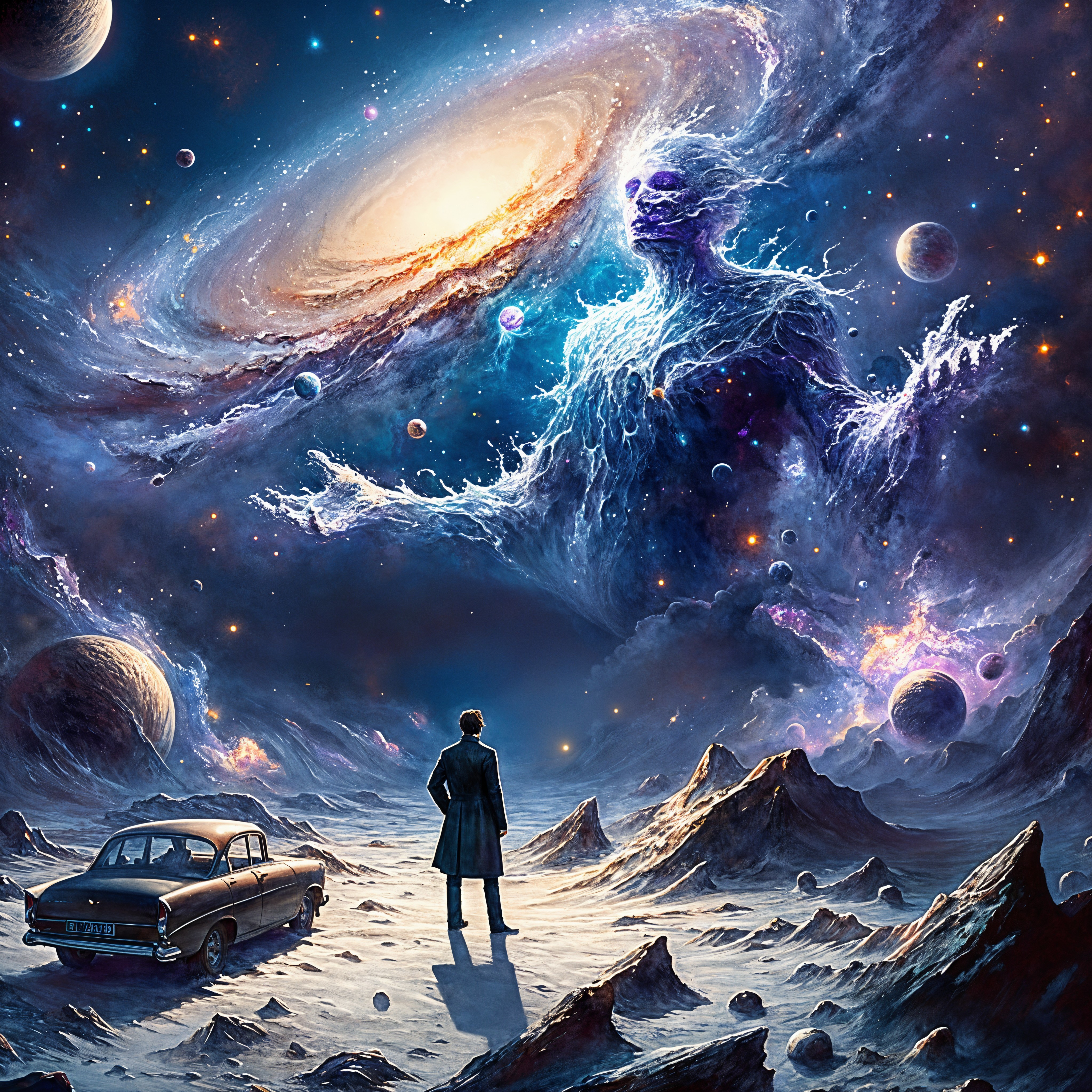 Lone Figure on Alien Landscape with Cosmic Scene