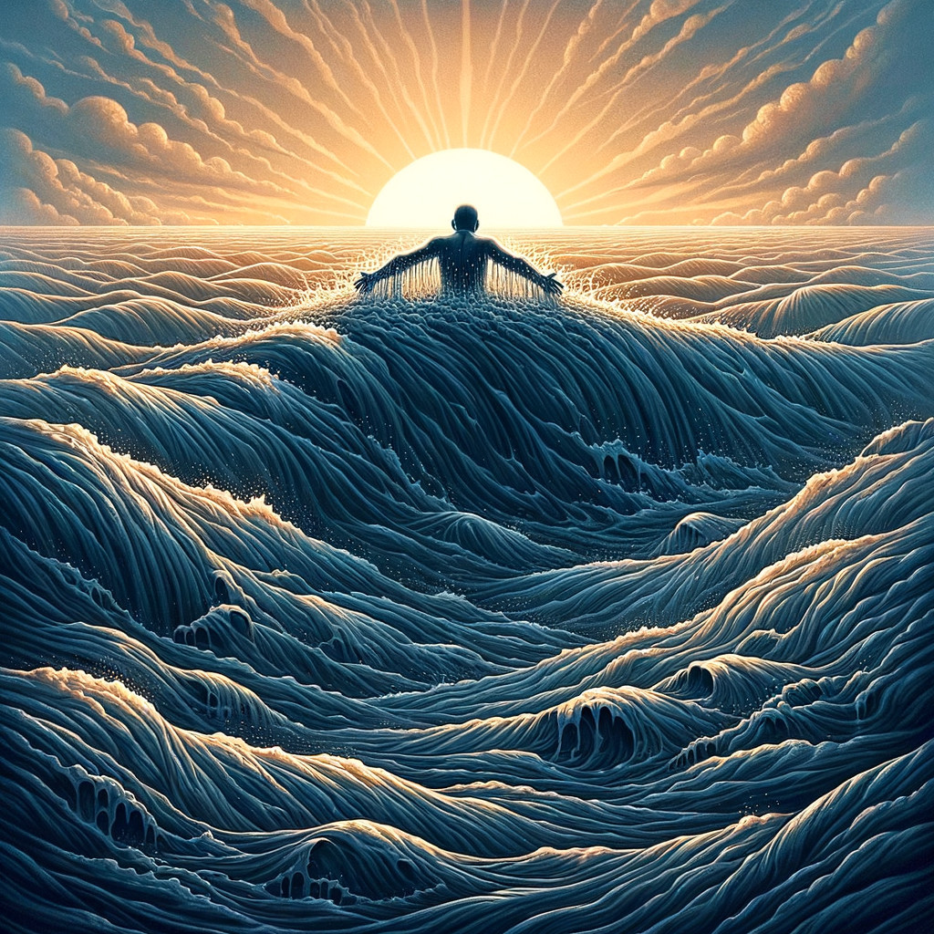 Figure Emerging from Ocean Waves at Sunrise