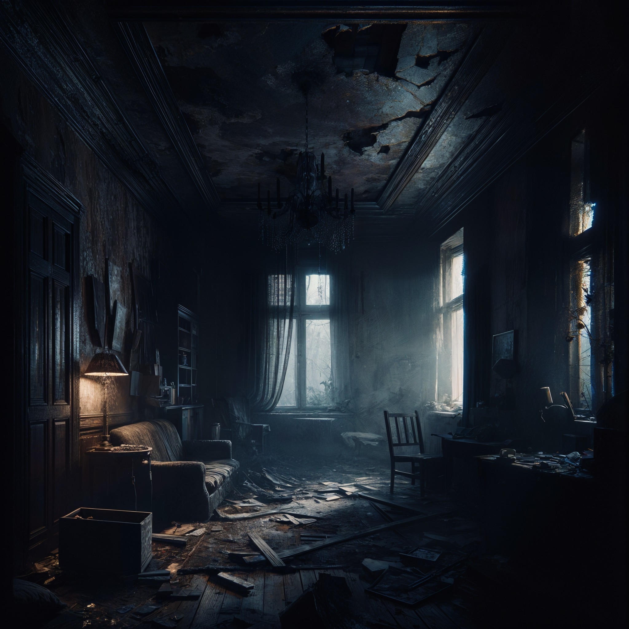 Abandoned Room with Worn Sofa and Vintage Lamp