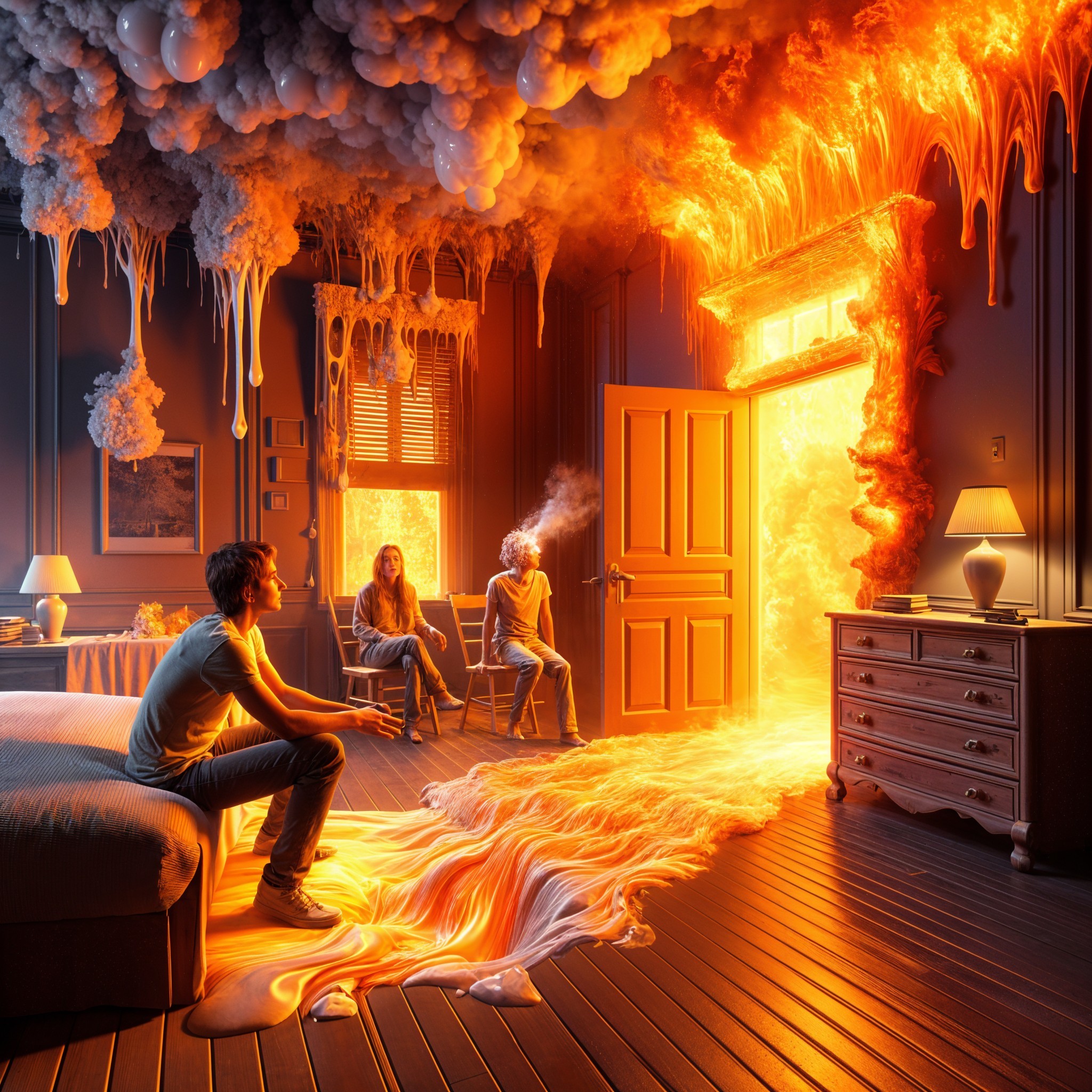 Surreal Bedroom Scene with Flowing Molten Lava
