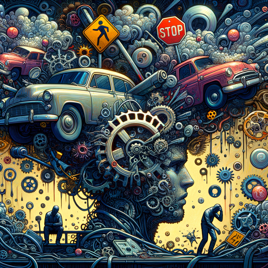 Surreal Scene of Human Head with Gears and Cars