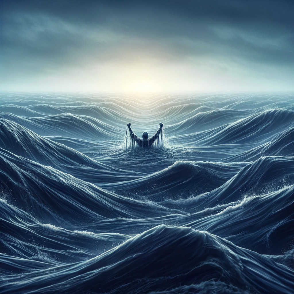 Lone Figure Against Tumultuous Ocean Waves at Dawn