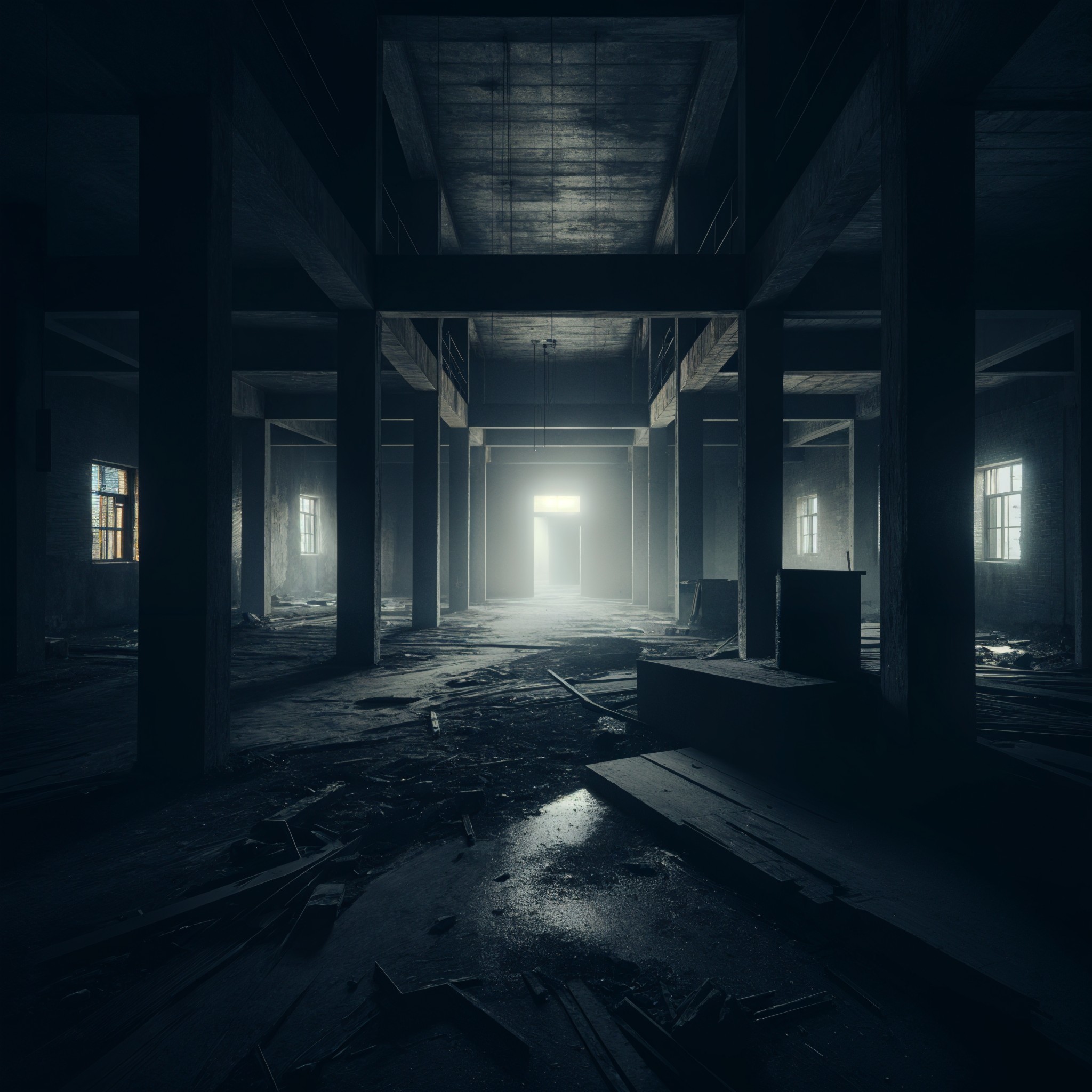 Eerie Abandoned Building Interior with Dim Lighting