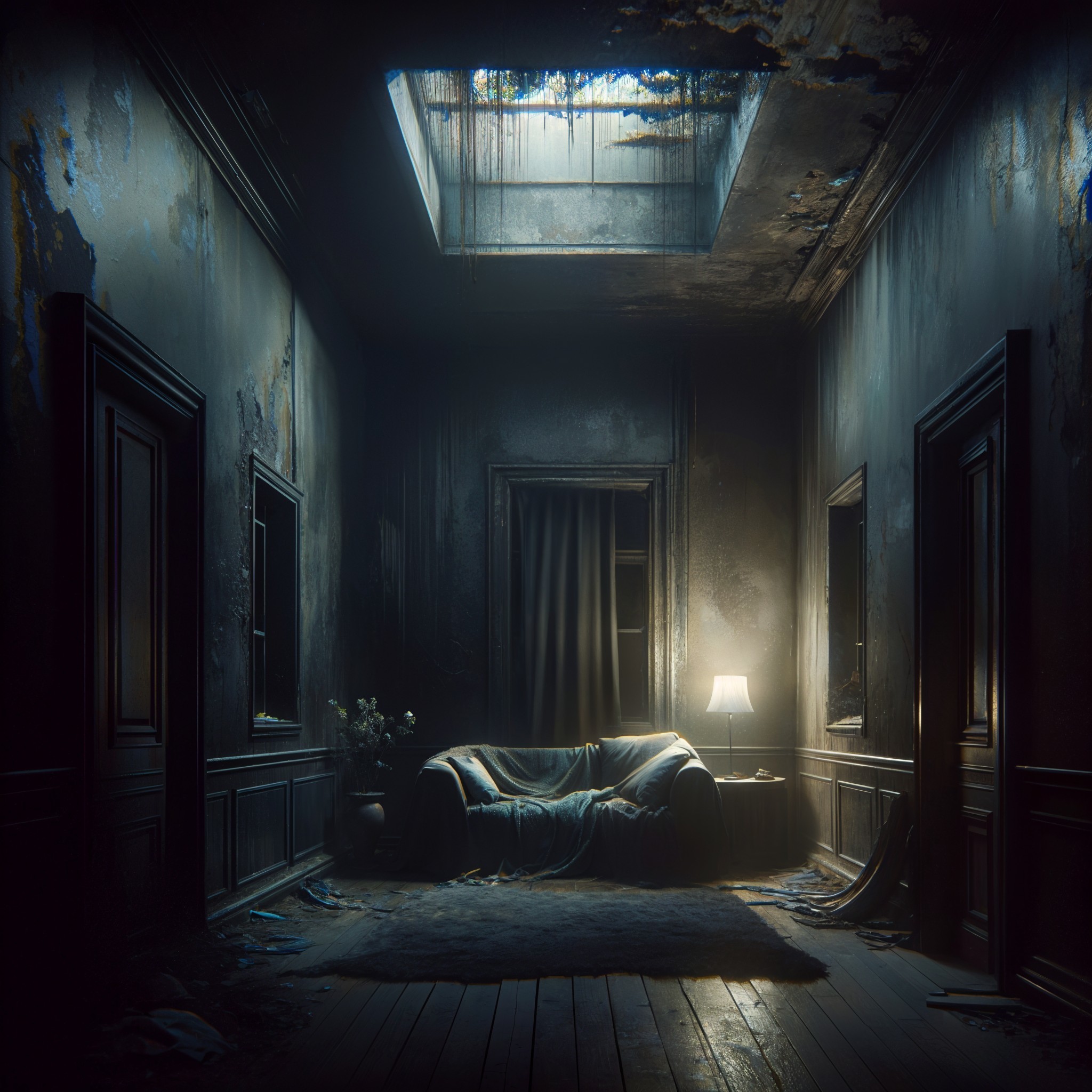 Abandoned hallway with peeling walls and worn furniture