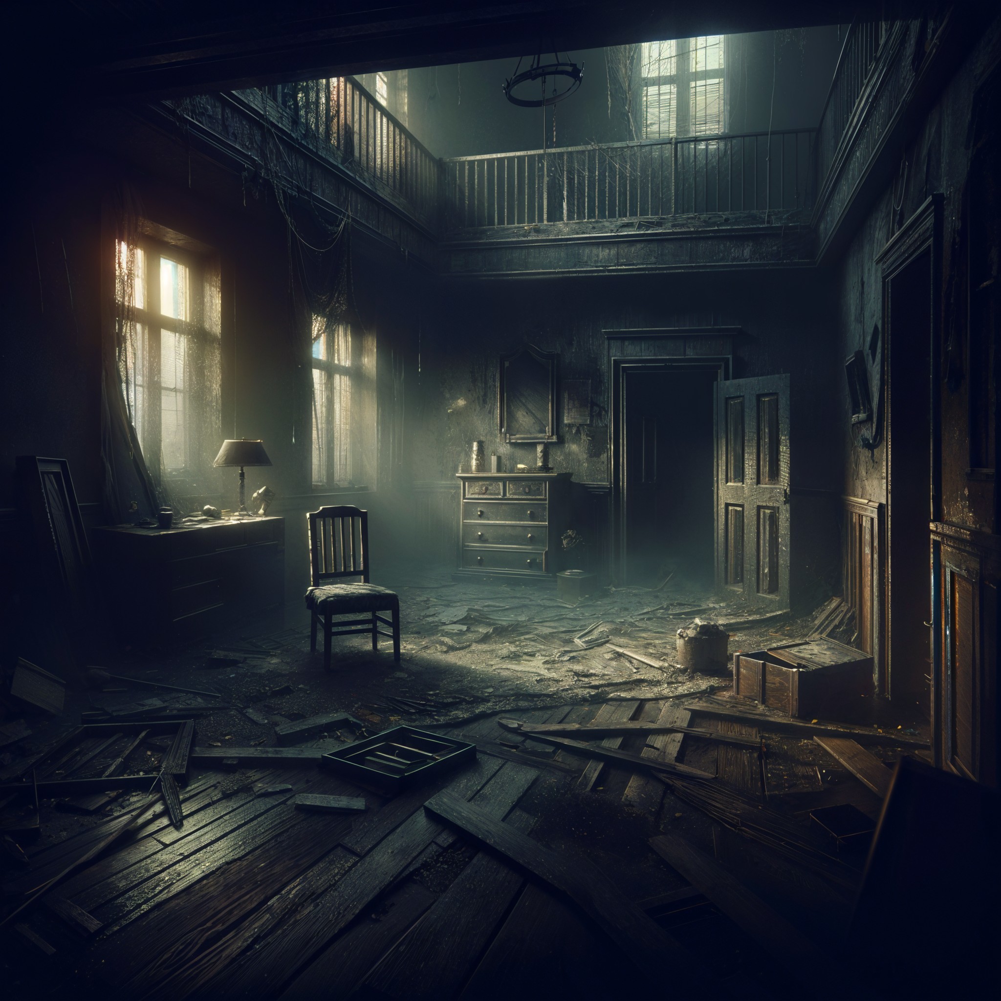 Abandoned Room with Dusty Furniture and Shadows