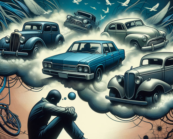 Surreal Scene with Silhouetted Figure and Vintage Cars