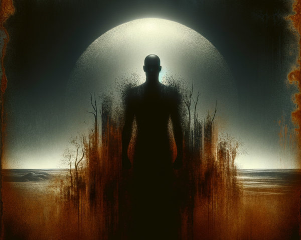 Textured Painting of Silhouetted Figure and Ethereal Circle