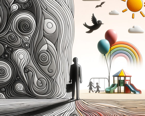 Digital rendering of a person in a suit entering a playground