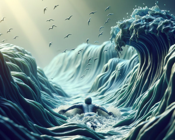 Lone Swimmer Battling Waves Under Dramatic Sky