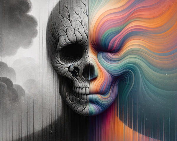 Abstract Artwork of a Split Human Head in Color and Grayscale