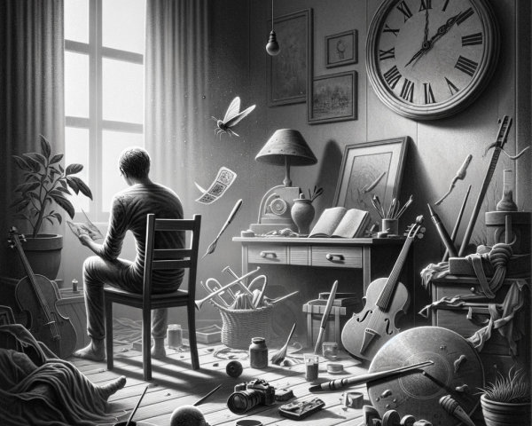 Charcoal Sketch of Man Drawing in Dimly Lit Room