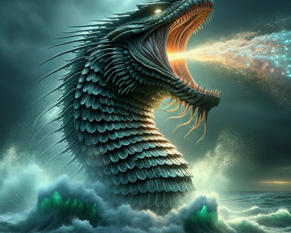 Massive sea dragon with luminous particles in ocean waves