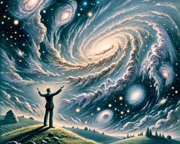 Figure on Hill Under Cosmic Sky with Galaxies and Stars