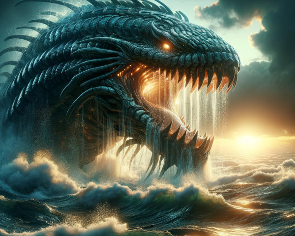 Giant sea serpent with glowing eyes in turbulent ocean