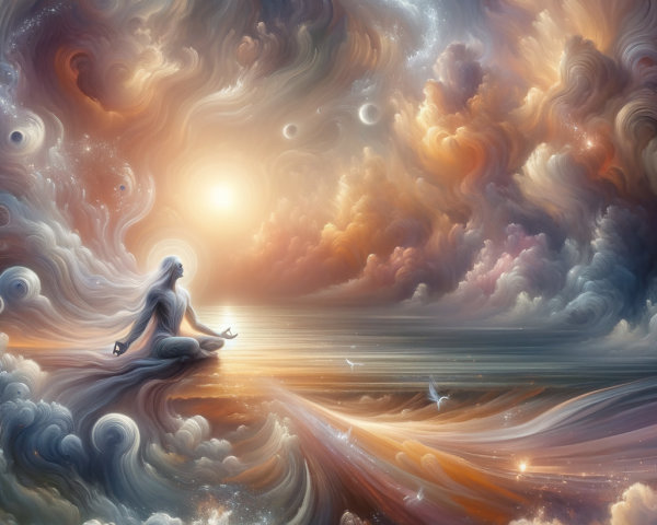 Meditative Figure Above Swirling Cosmic Clouds