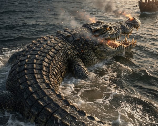 Armored Crocodile Creature Emerges from Dark Waters