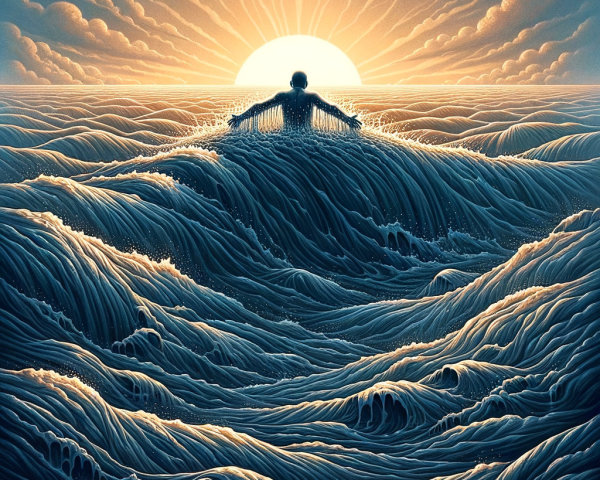 Figure Emerging from Ocean Waves at Sunrise