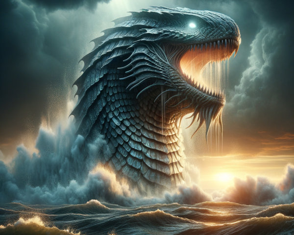Giant Sea Serpent Emerges from Stormy Ocean Scene