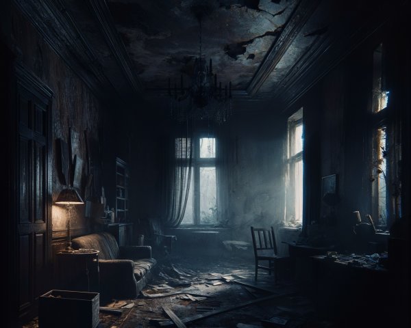 Abandoned Room with Worn Sofa and Vintage Lamp