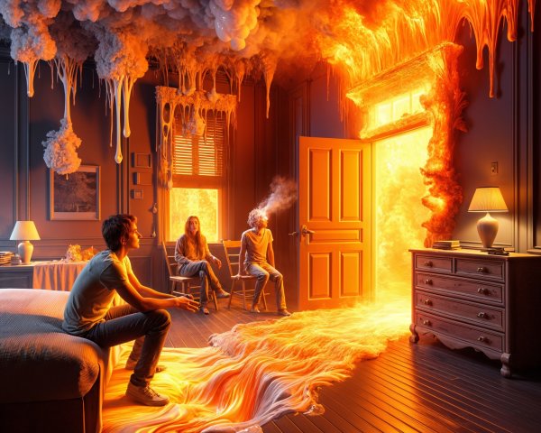 Surreal Bedroom Scene with Flowing Molten Lava