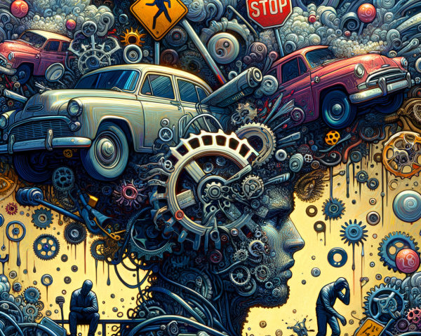 Surreal Scene of Human Head with Gears and Cars