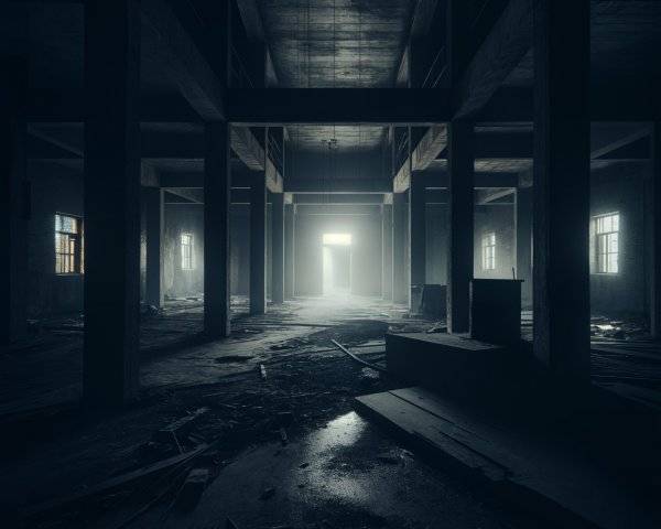Eerie Abandoned Building Interior with Dim Lighting