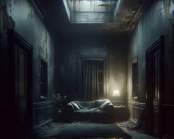 Abandoned hallway with peeling walls and worn furniture