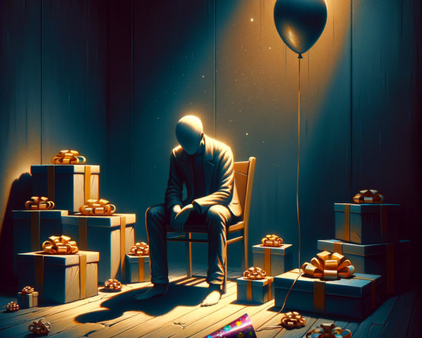 Somber Man in Dim Room Surrounded by Gifts and Balloon