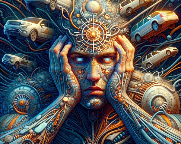Surreal Human Figure with Mechanical Elements and Colors