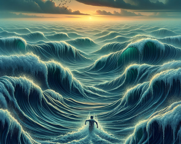 Solitary Figure in Vast Ocean at Sunset